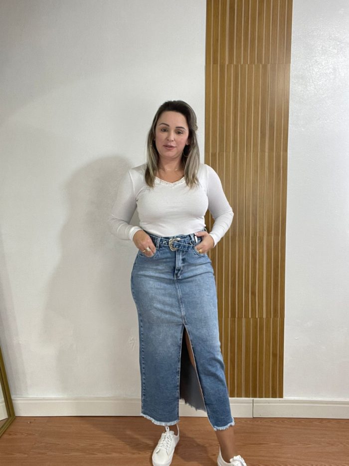 saia jeans midi cinto