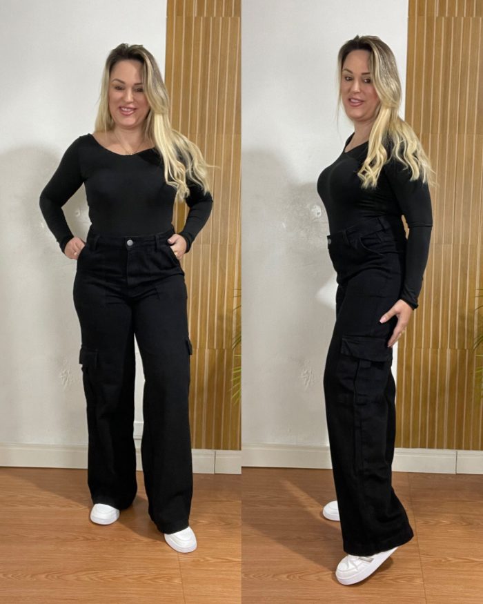 calça jeans preta cargo 