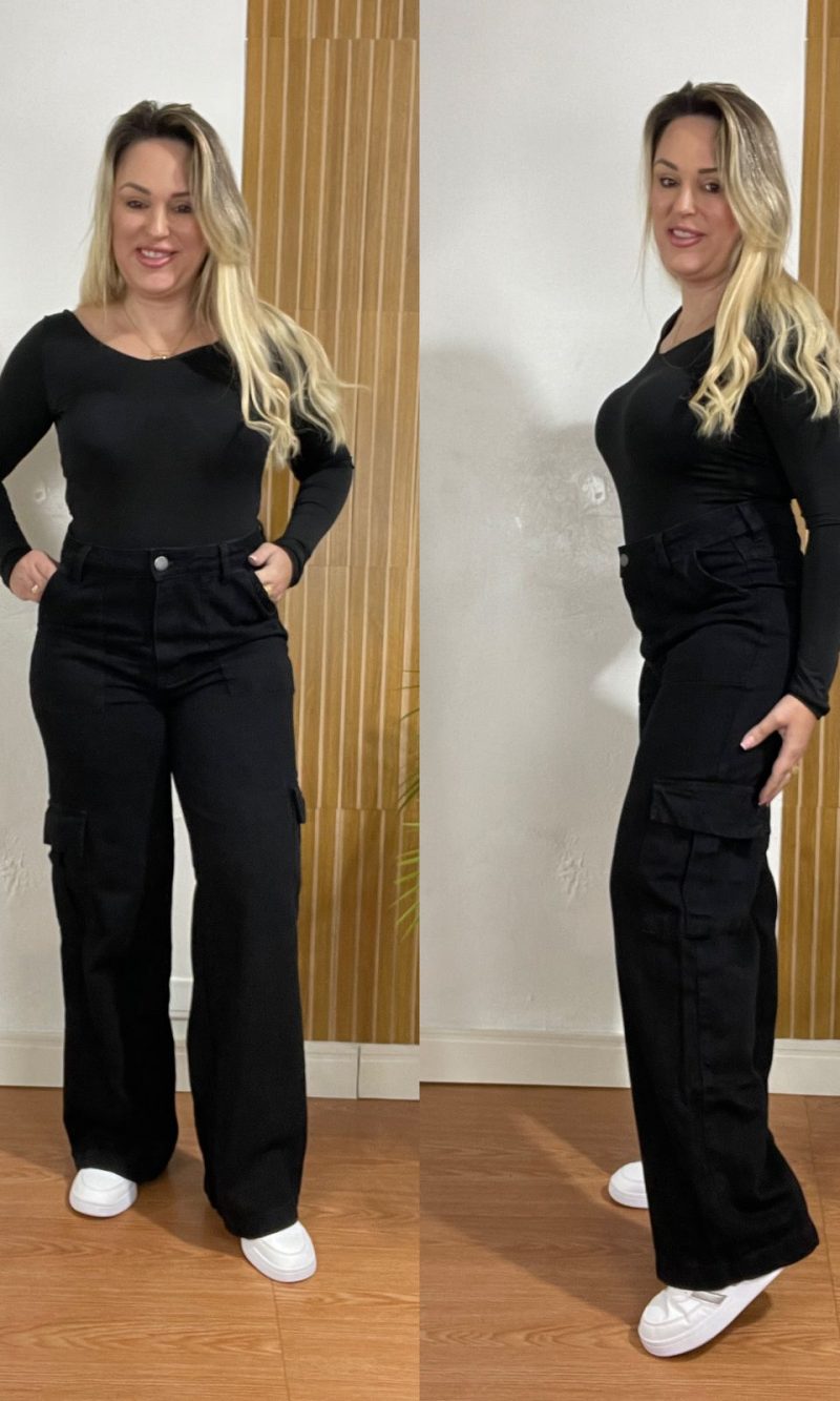 calça jeans preta cargo