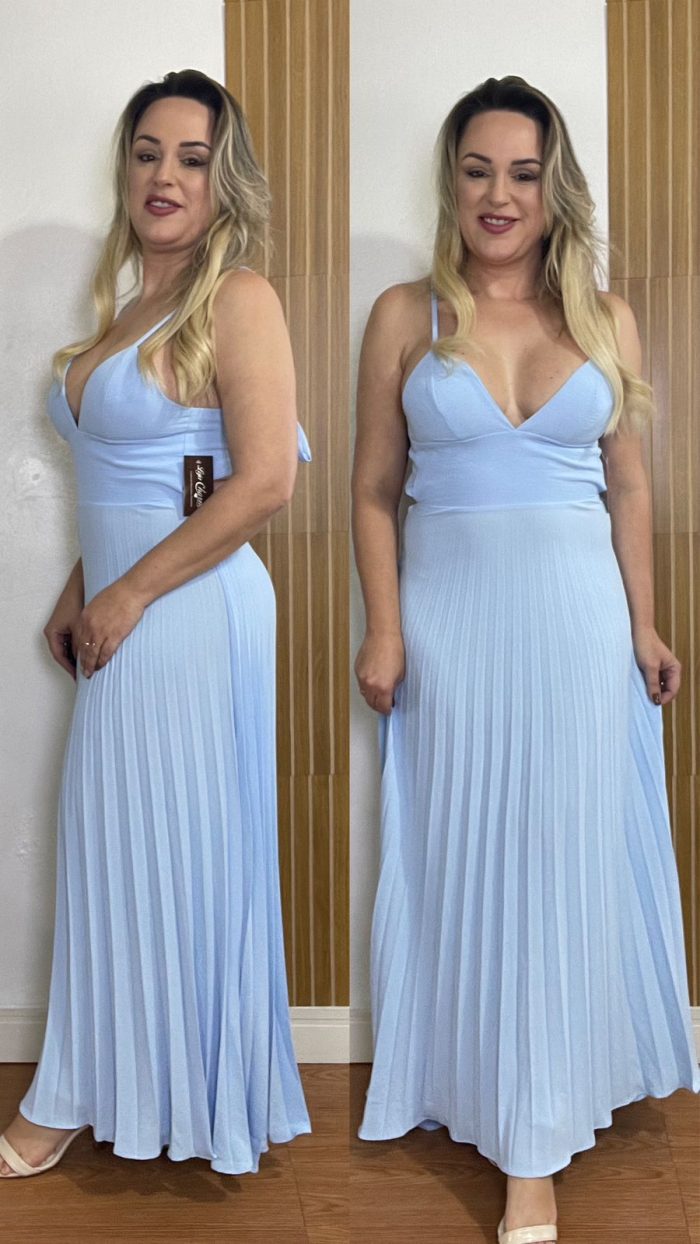 vestido plissado azul