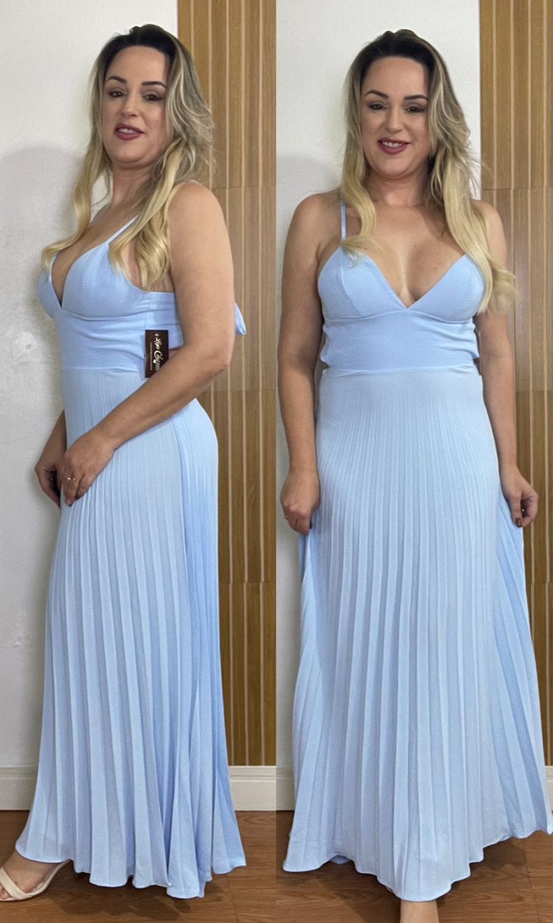 vestido plissado azul