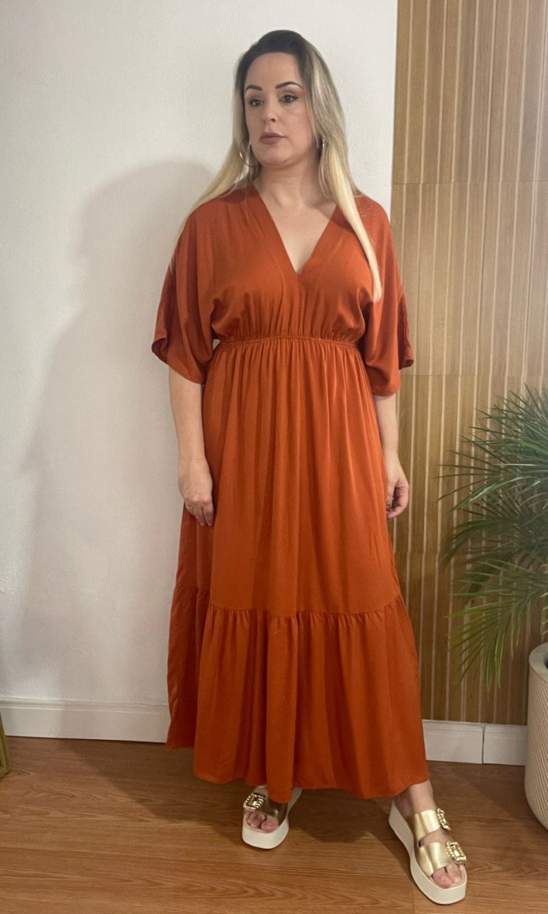 vestido midi manga terracota