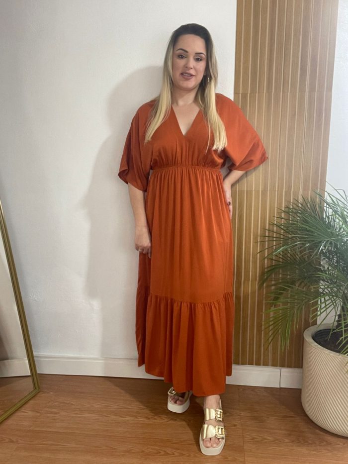 vestido midi manga terracota vestido midi manga terracota