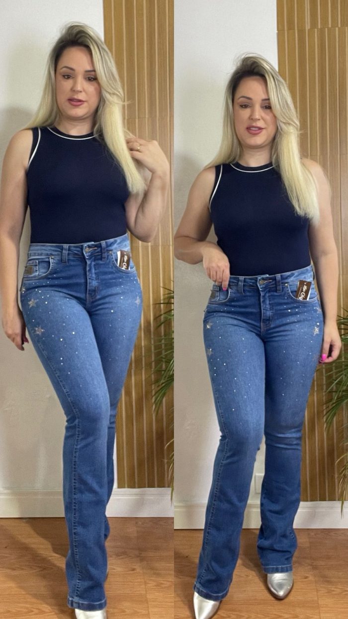 calça jeans country com aplique