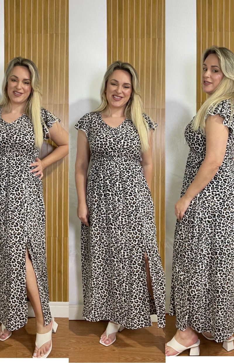 vestido midi fenda com manga animal print