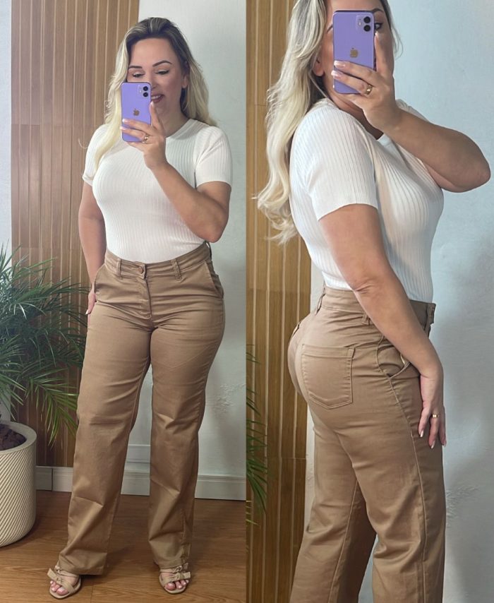 calça wide leg caqui