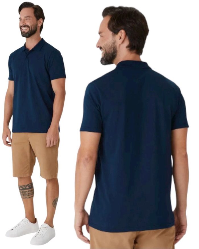 camisa polo básica masculina peitilho frontal em algodão