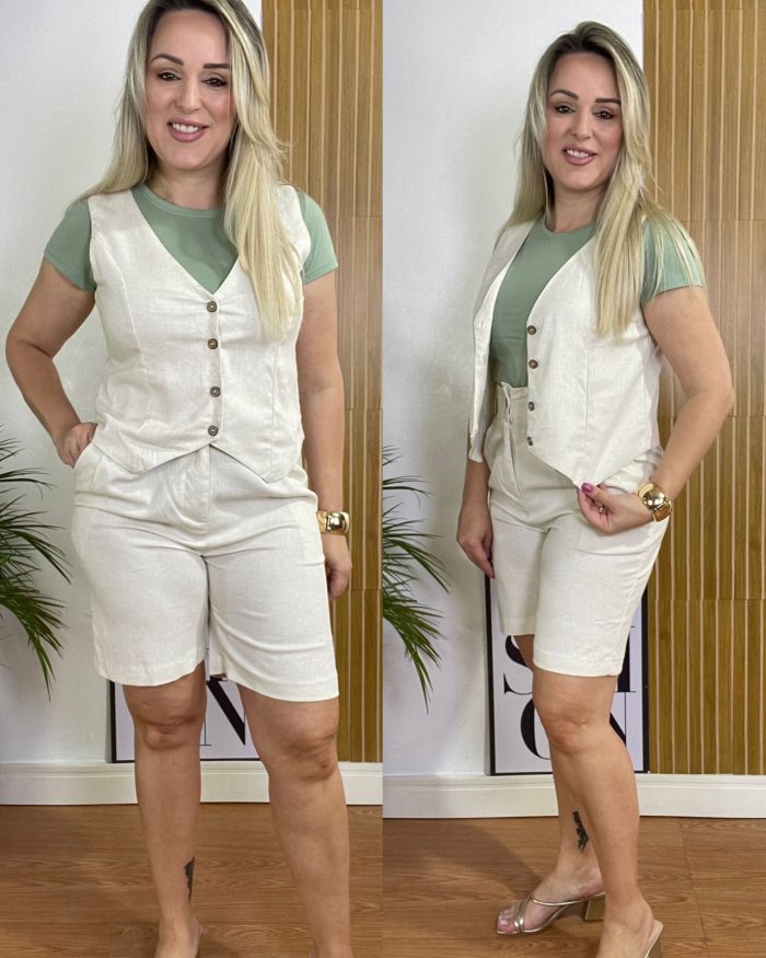 conjunto colete e shorts em linho