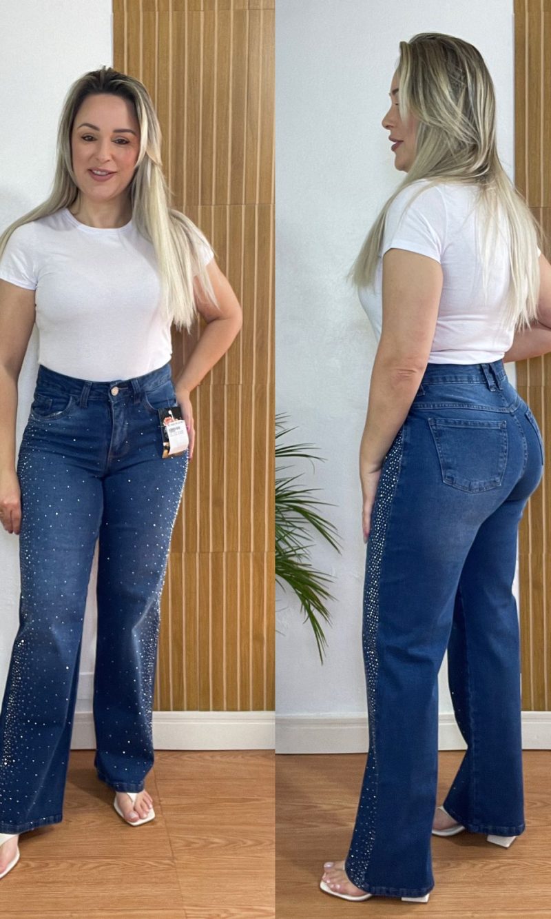 calça wide leg jeans com brilho