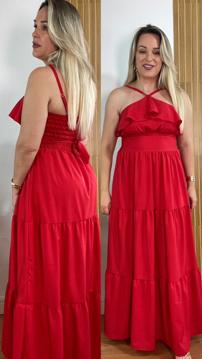 vestido longo vermelho babado