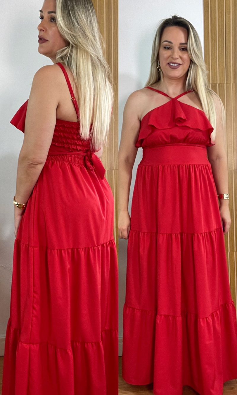 vestido longo vermelho babado