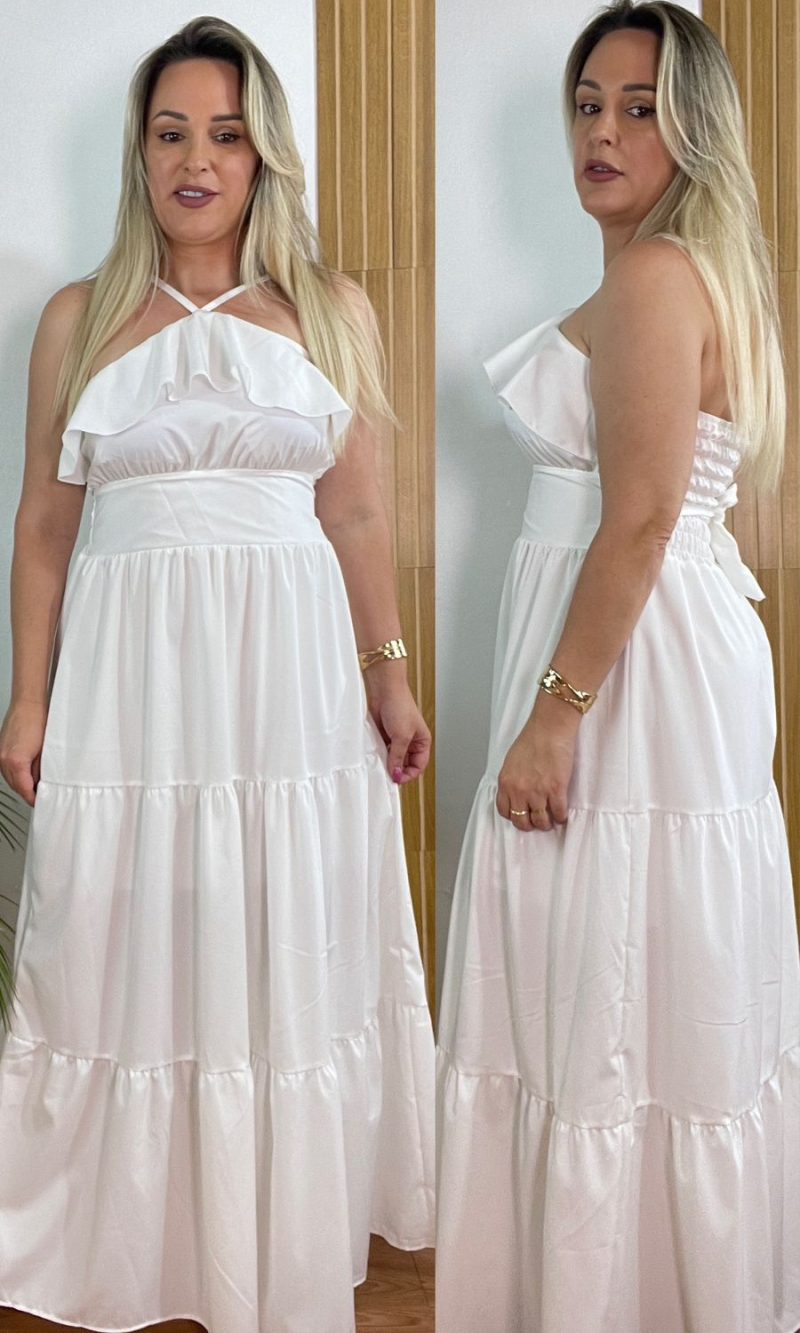 vestido longo branco babado