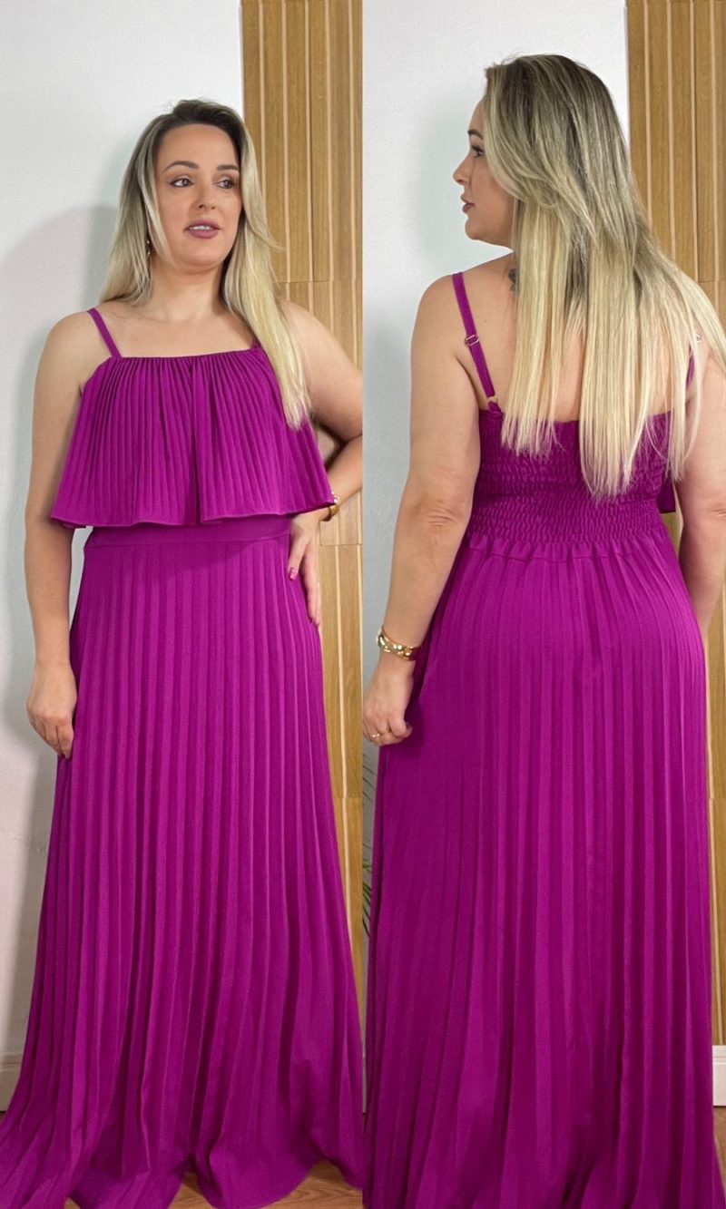 vestido longo plissado fúcsia