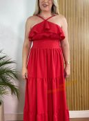 vestido longo vermelho babado
