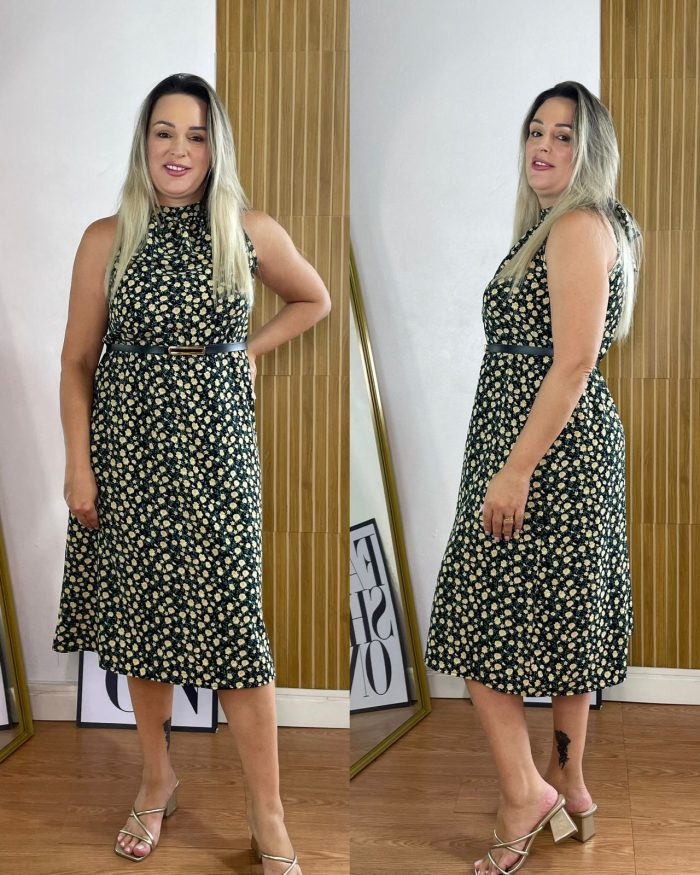 vestido feminino em malha crepe estampado preto