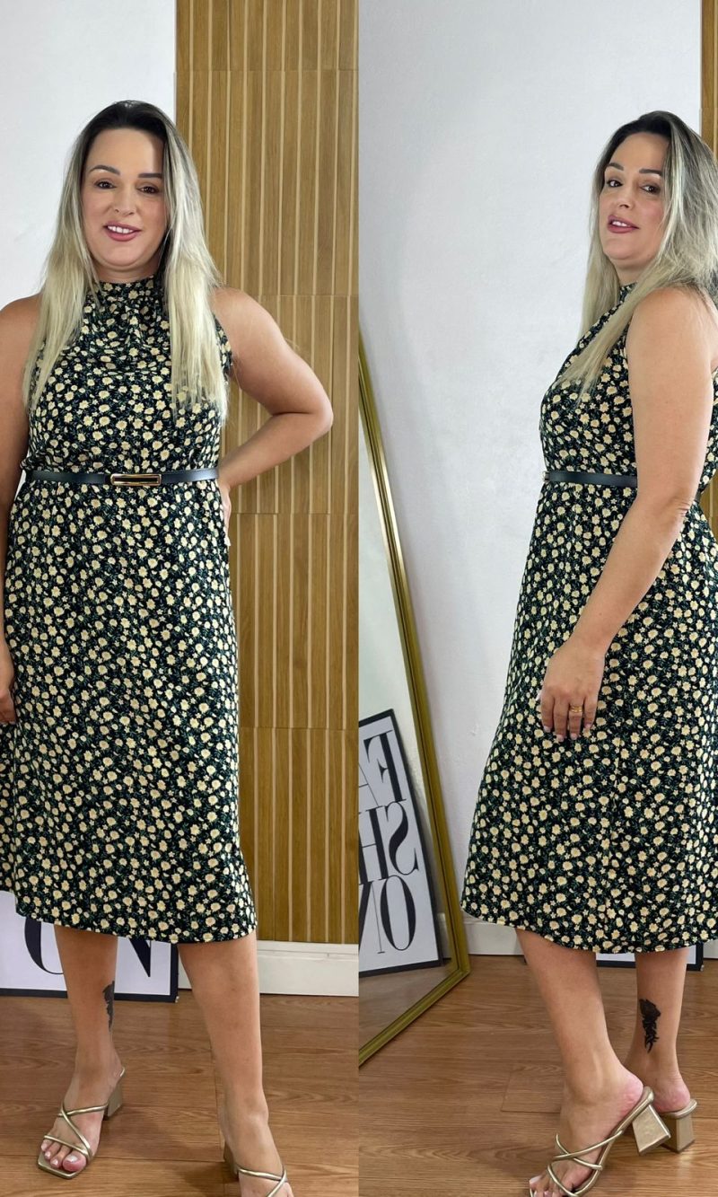 vestido feminino em malha crepe estampado preto