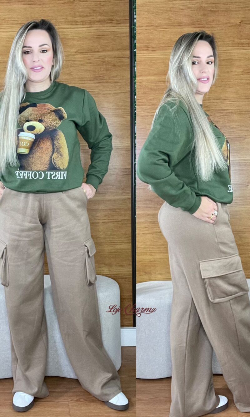 calça pantalona cargo moletom peluciada