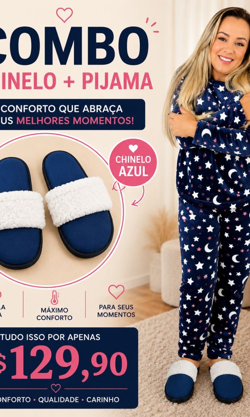 combo pijama fleece estrela e pantufa