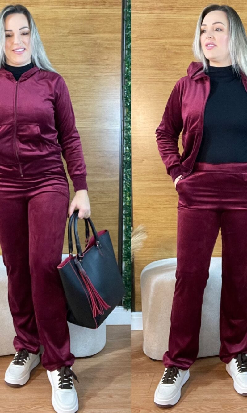 conjunto feminino plush agasalho veludo marsala