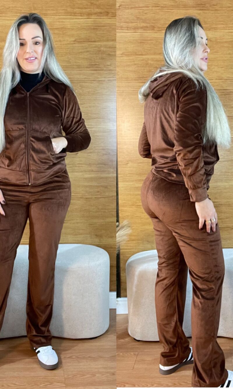 conjunto feminino plush agasalho veludo marrom