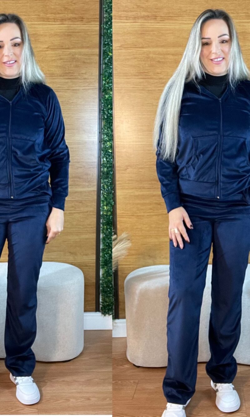 conjunto feminino plush agasalho veludo azul marinho