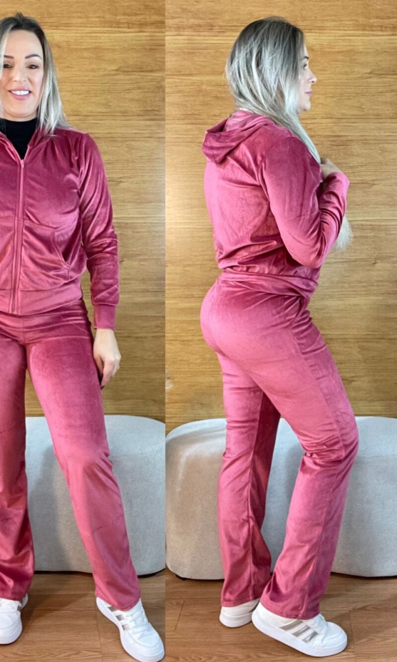 conjunto feminino plush agasalho veludo rose