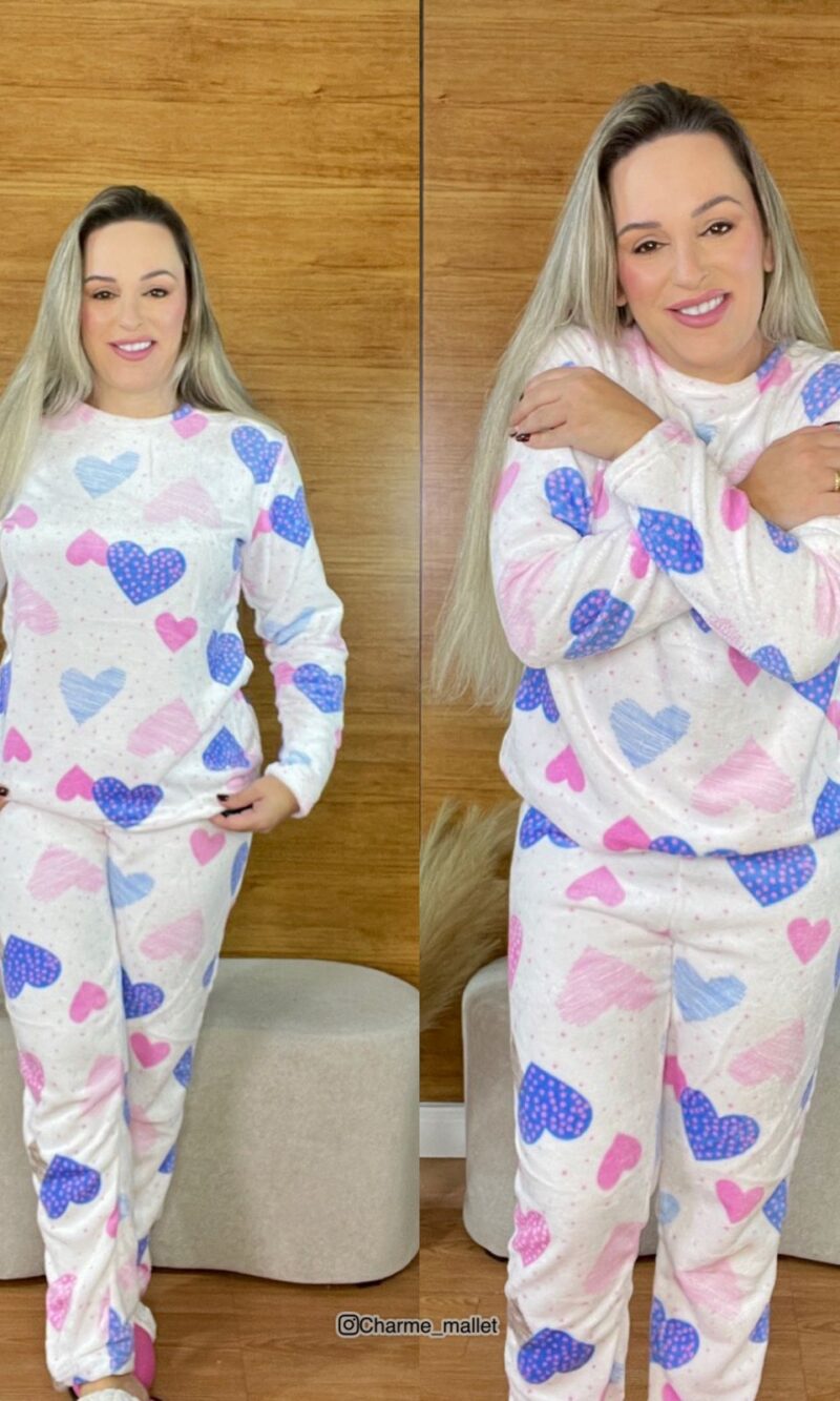 pijama plush fleece coração branco 8788