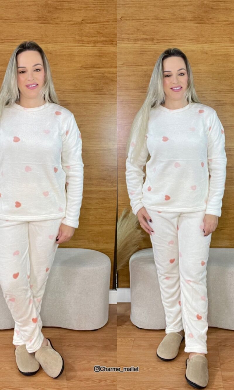 pijama plush fleece coração off 8788