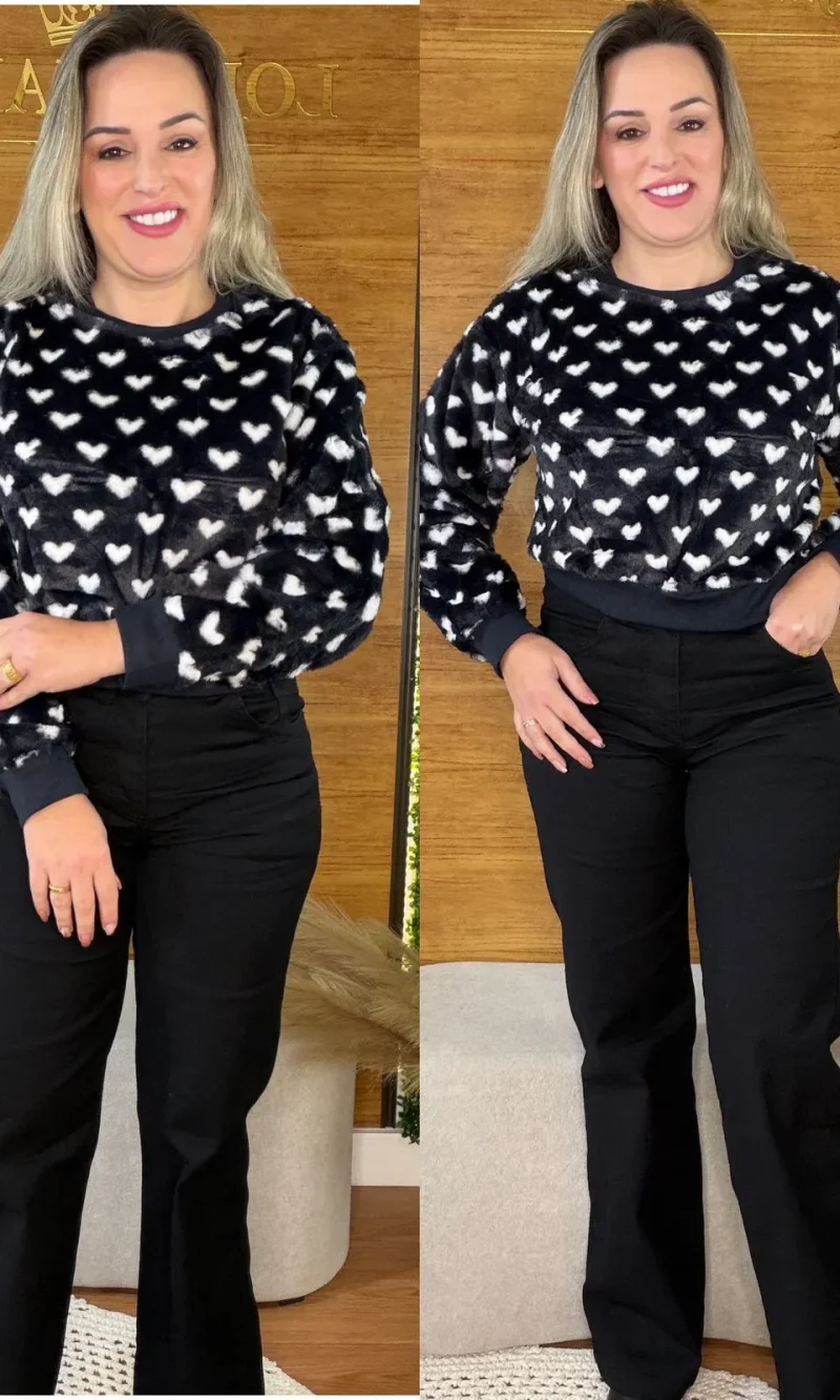 blusa peluciada corações preta