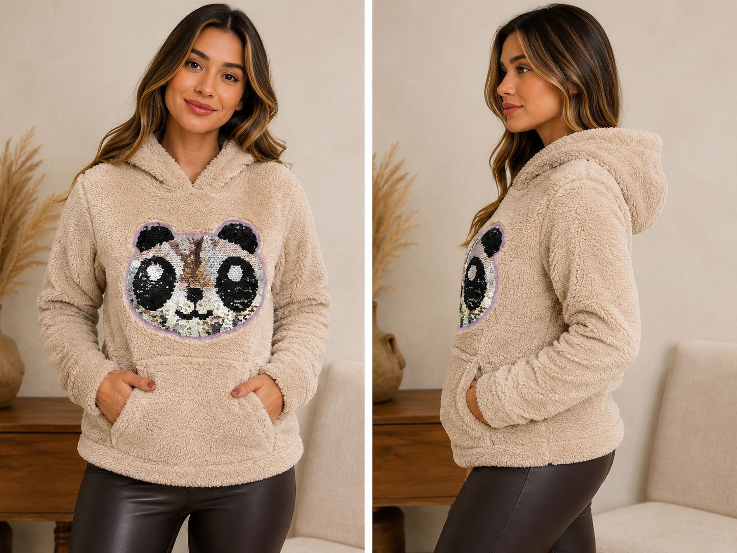 blusa teddy panda paetê reversível bege claro