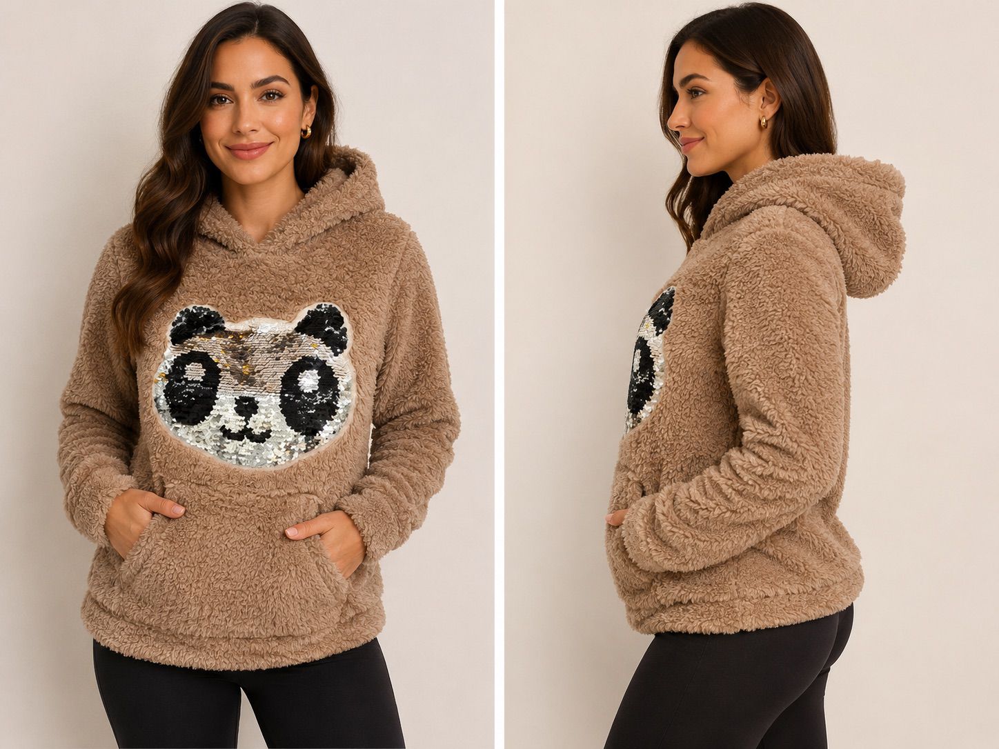 blusa teddy panda com paetê reversível cappuccino