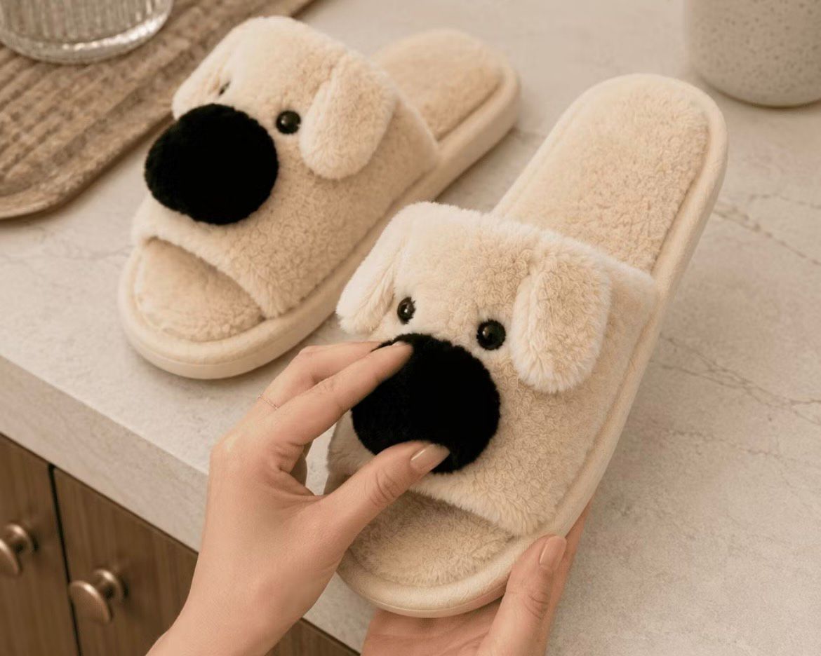 pantufa cachorrinho peluciada bege