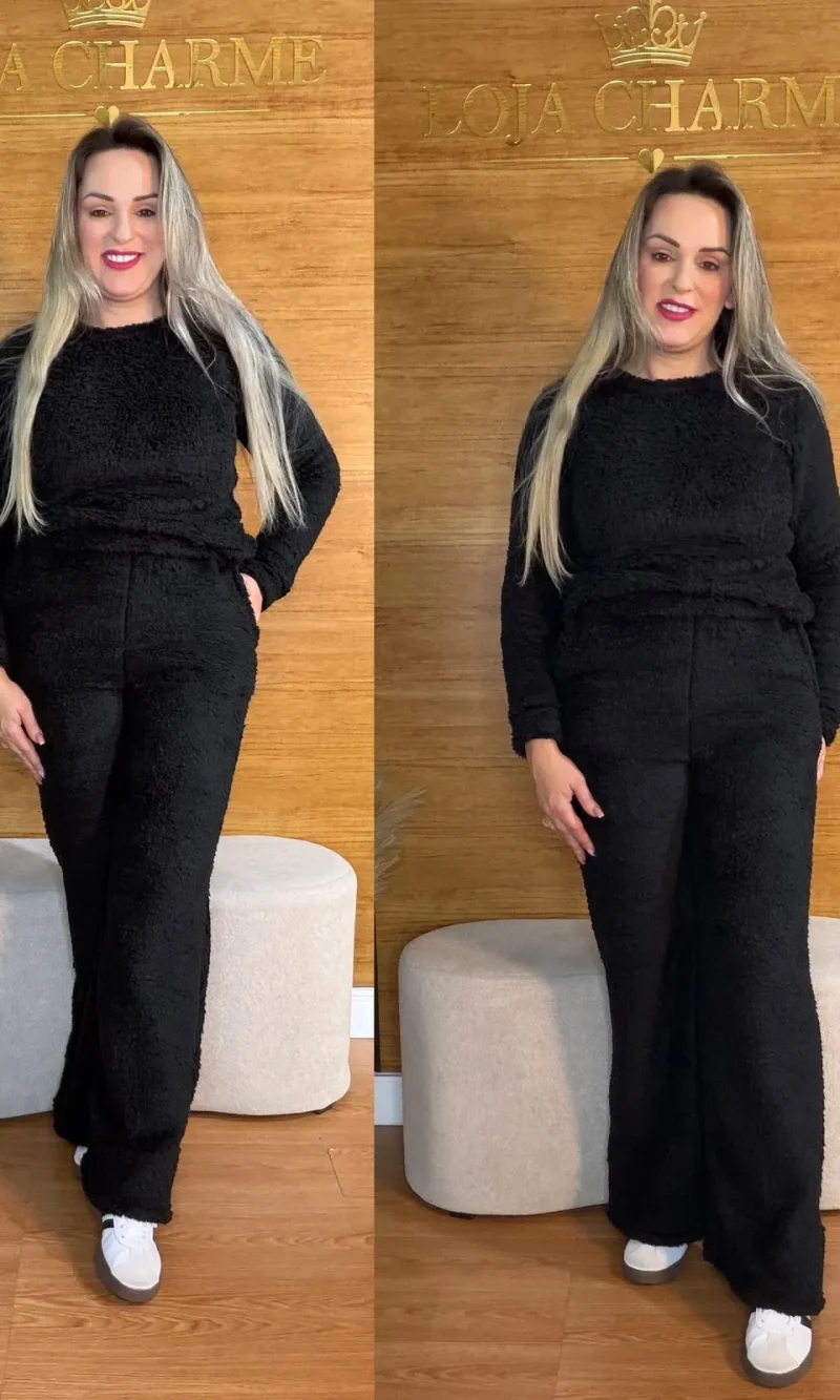 conjunto teddy preto feminino peluciado