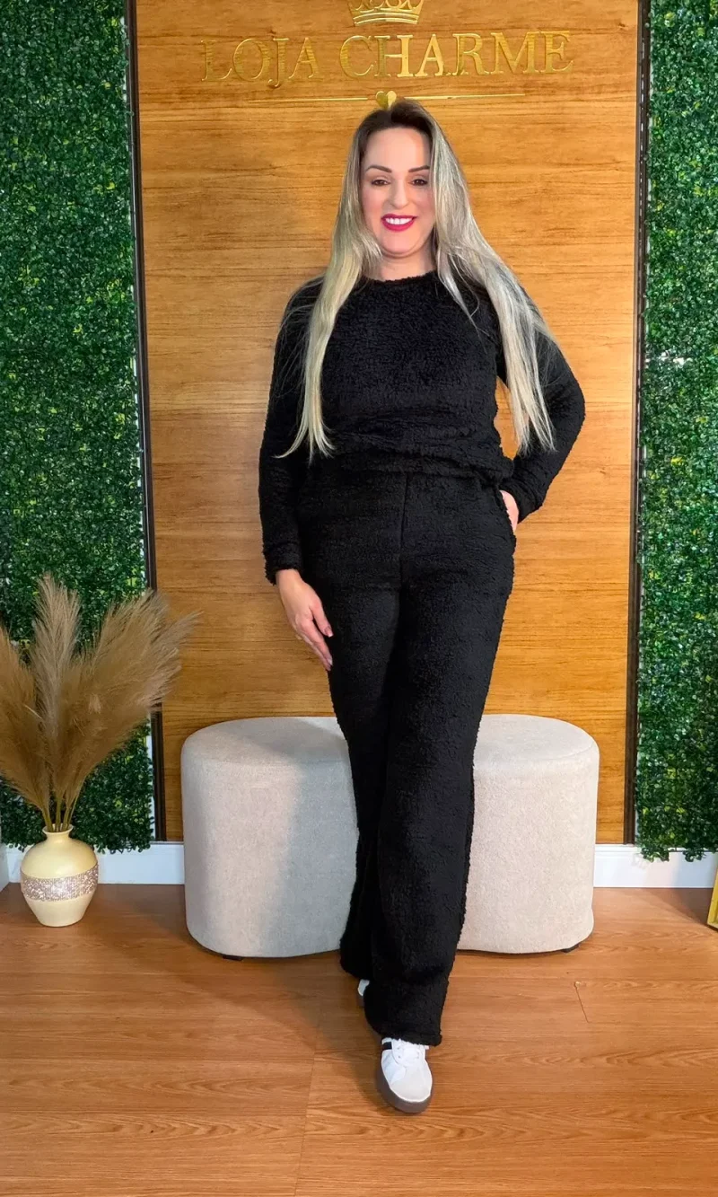 conjunto teddy preto feminino peluciado